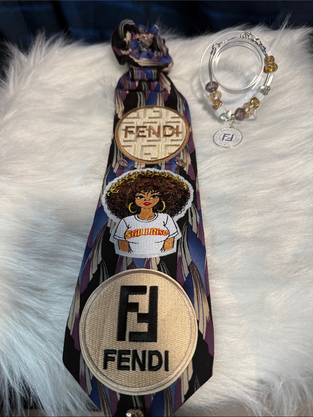 Fendi Multicolor Graphic Silk Junk Tie with Logo Patches